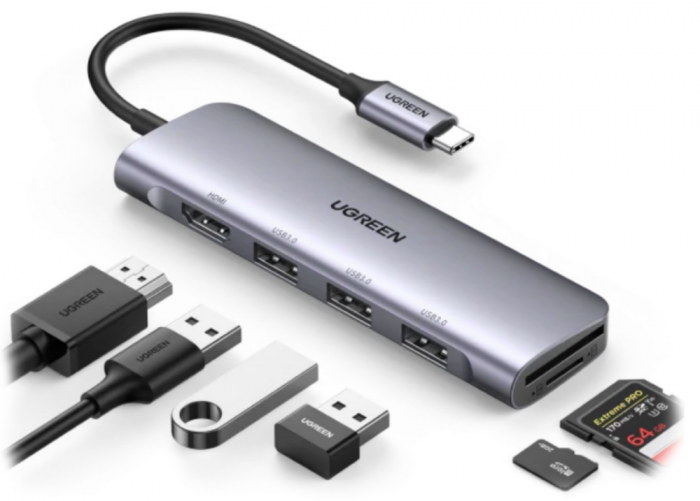 Ugreen CM511 20956A Type C to HDMI + USB 3.0*3 + SD/TF Converter адаптері