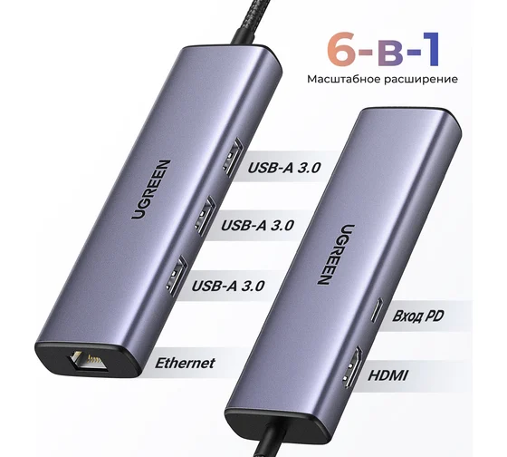 Ugreen CM512 USB-C To 3*USB 3.0 A+HDMI+RJ45+PD 15598 конвертері