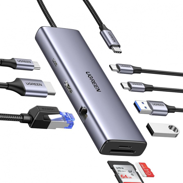 Разветвитель портов Ugreen CM498 3 x USB-A, Type-C, HDMI, VGA, SD, microSD, LAN 15600