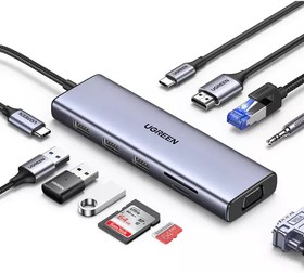 Ugreen CM498 USB-C конвертері 3 * USB 3.0 A/HDMI/VGA/RJ45/SD/TF/AUX 3.5mm/PD/15601