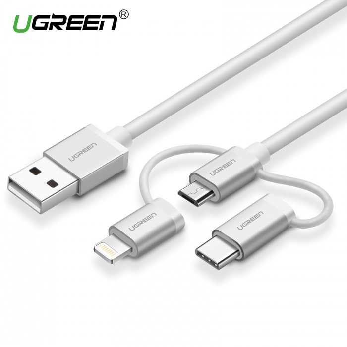 Ugreen US186 USB 2.0 A To Micro USB+Lightning+Type C (3 в 1) кабелі Sliver 1.5M, 50203