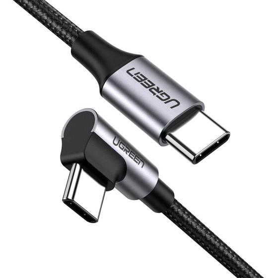 Кабель UGREEN US255 USB-C to Angled USB2.0-C Round Cable M/M Aluminum Shell Nickel Plating 1m (Серый Черный)