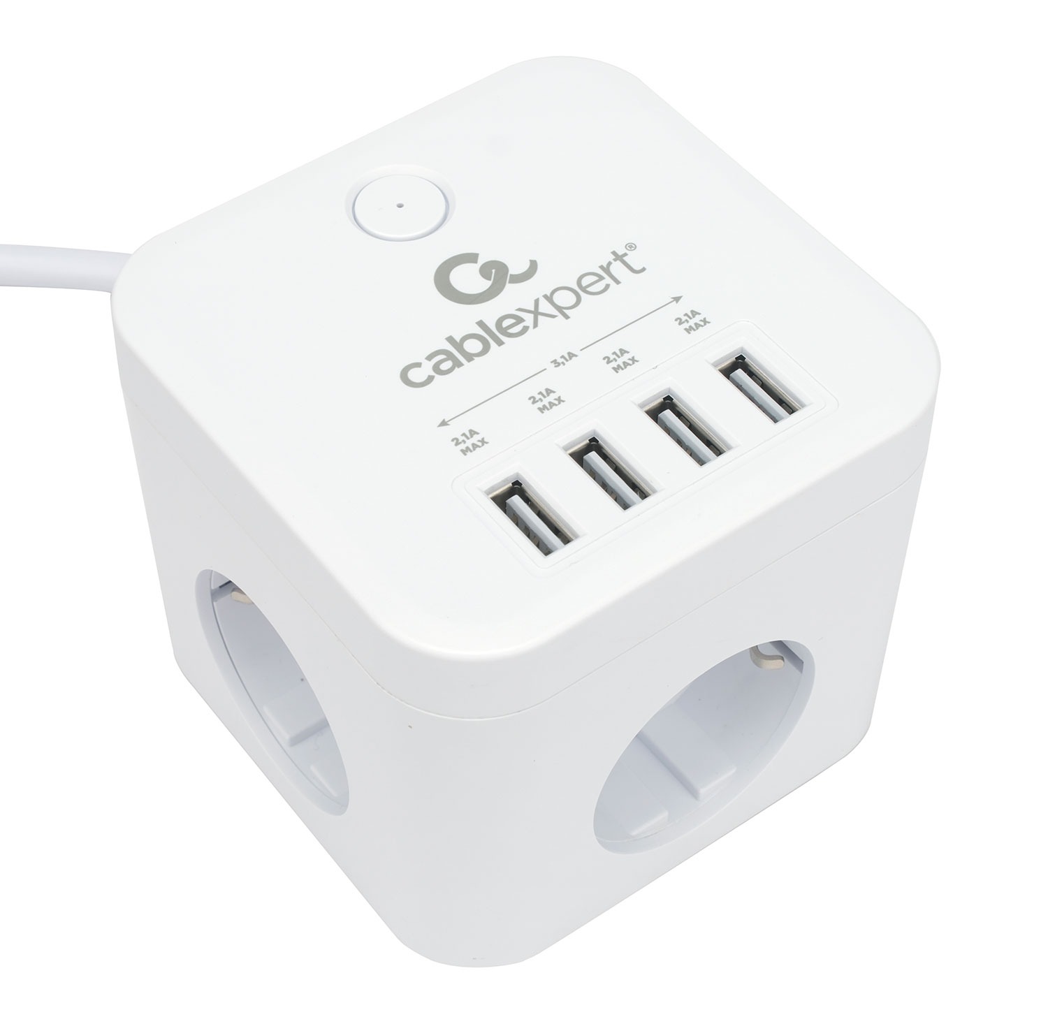 Сетевой фильтр Cablexpert Cube CUBE-3-U4-W-1.5, 3р, 10А, 4хUSB, 1.5м, ур.защиты 4+, коробка белый