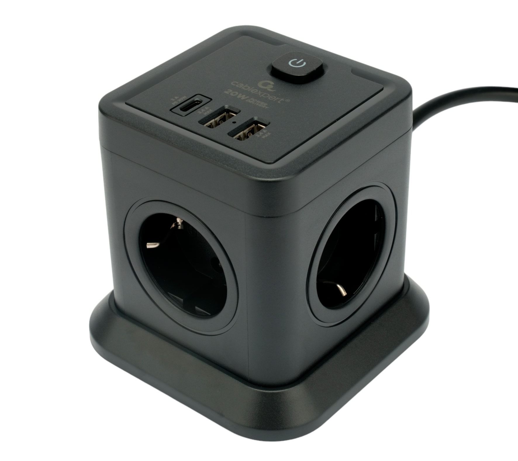 Сетевой фильтр Cablexpert Tower TWR-4-CU2-B-2, 4р, 10А, 1xType-C PD, 20Вт, 2хUSB, 2м, защ.2+, черный