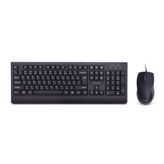 Комплект Клавиатура + Мышь, Delux, DLD-6075OUB, Оптическая Мышь, 1000DPI, USB, Кол-во стандартных клавиш 104, Анг/Рус/Каз, Длина кабеля 1,6 метра, Чёрный