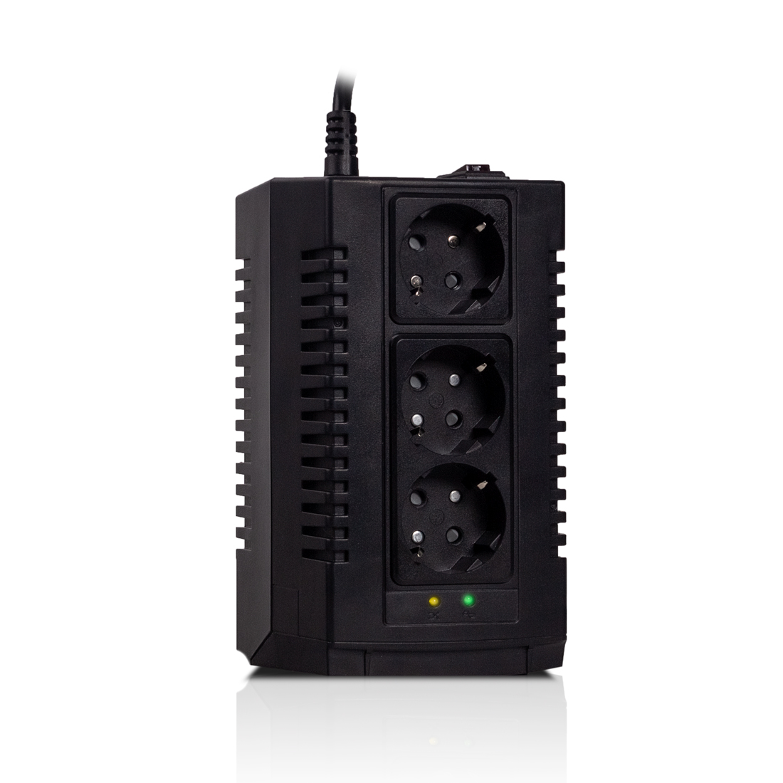 Стабилизатор (AVR), SVC, AVR-1000-S, Мощность 1000ВА/500Вт, Выходное напряжение: 220В +/-10%, LED-индикаторы, Диапазон работы AVR: 184-284В, Выходные разъемы: schuko x 3, Чёрный