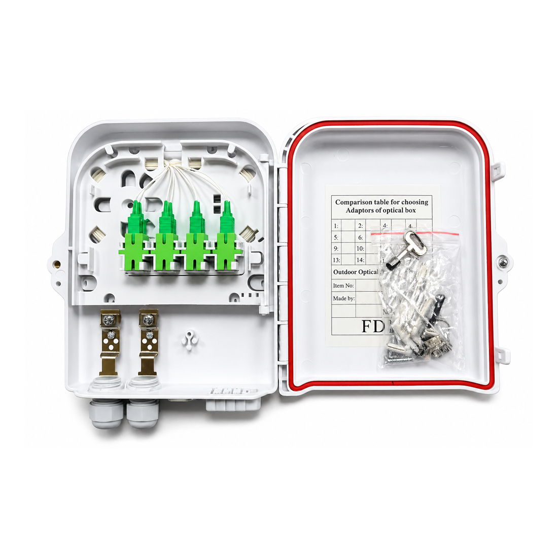 Коробка распределительная оптическая, А-Оптик, FTTH-FD207-08, укомплектованная SC/APC, Настенный, Пластик, Белый