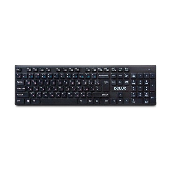 Клавиатура, Delux, DLK-150GB, Ультратонкая, Беспроводная 2.4ГГц, Кол-во стандартных клавиш 104, 12 мультимедиа-клавиш (FN), Размер: 433*124*20,7 мм., Анг/Рус/Каз, Чёрный