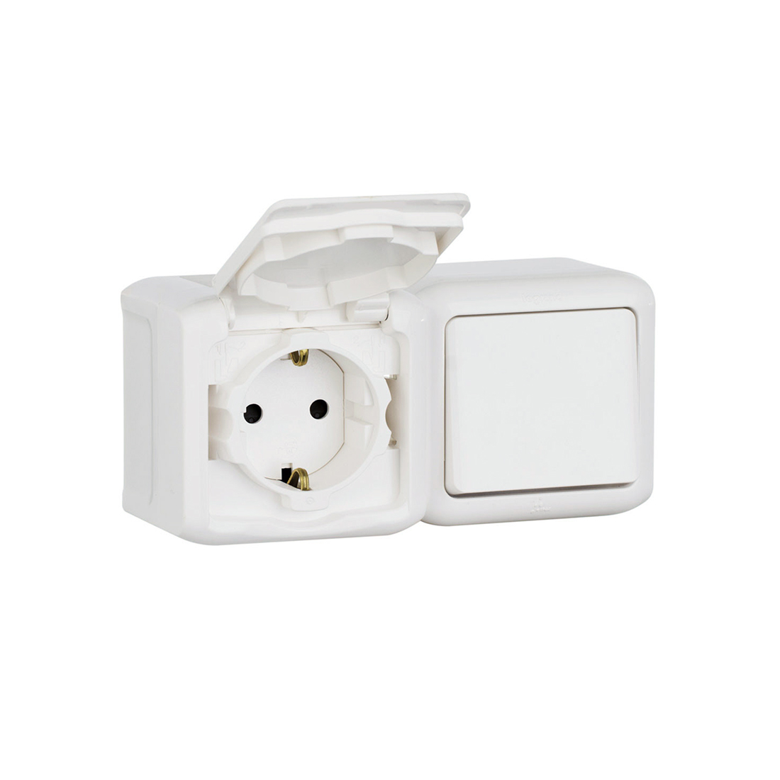 Выключатель с крышкой + Розетка с ЗК, Legrand, 782371, Forix 16A 250В IP44 накладной белый