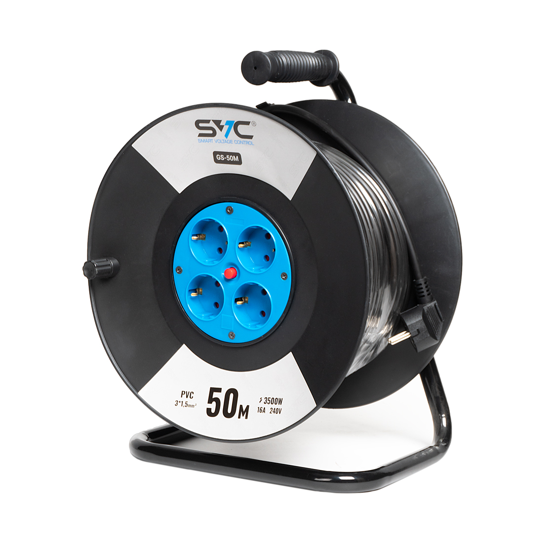 Удлинитель на катушке, SVC, GS-50M, 4 розетки, 50 метров, 3500W, 240В, 16A, 3x1.5mm, Защита от детей, Чёрный