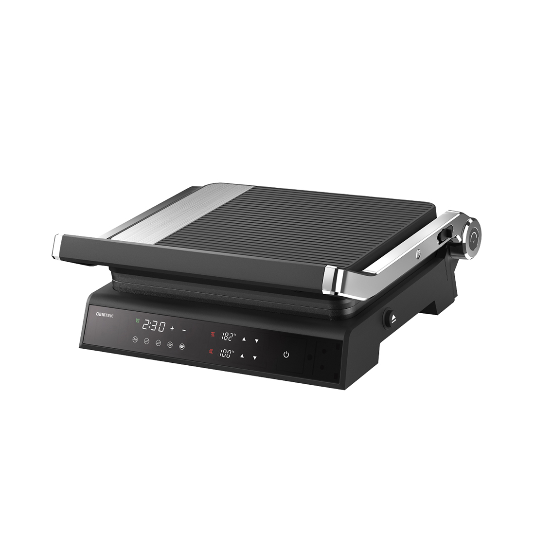Гриль, Centek, CT-1474, 2100W, 297х230мм, 2 сменные пластины, Антипригарное покрытие, Черный/стальной