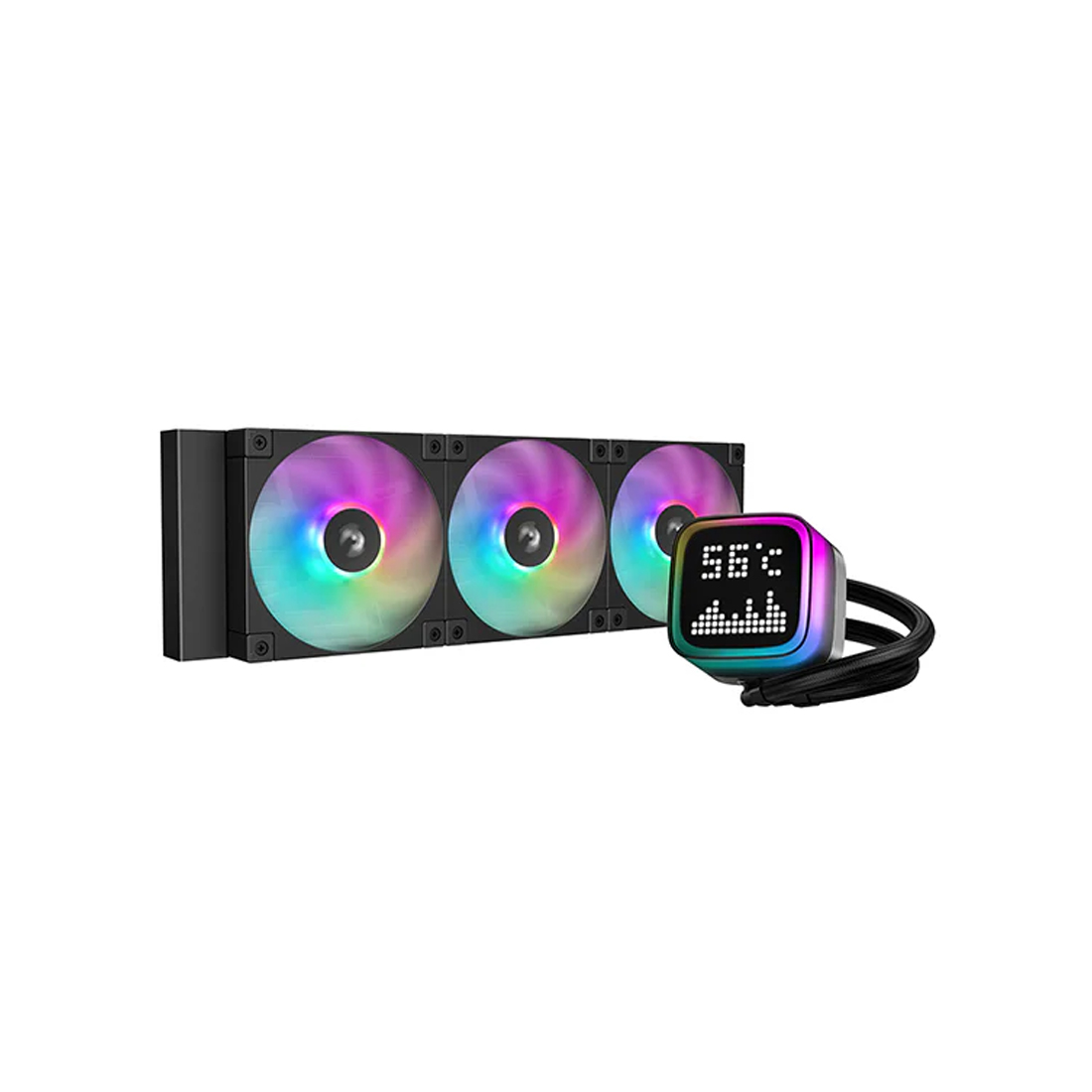 Кулер с водяным охлаждением, Deepcool, LP360 R-LP360-BKMSNC-G-1, Intel 1851/1700/1200/115х и AMD AM5/AM4/, TDP 300W, 3*120мм FD12 ARGB, 600-2400 RPM±10%, 72,04CFM, 38,71 dB(A), Чёрный