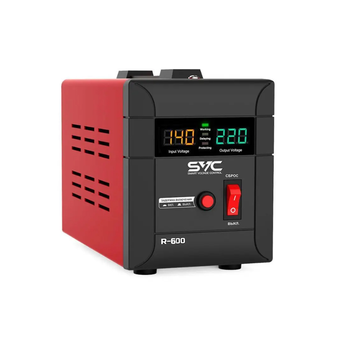 Стабилизатор (AVR), SVC, R-600, 600ВА/500Вт, Диапазон работы AVR: 140-260В, Выходное напряжение: 220В +/-7%, Задержка включения, выход 2 шт Shсuko, LCD-дисплей, Защита: от перегрузки, короткого замыкания, повышенной температуры, Чёрно-красный