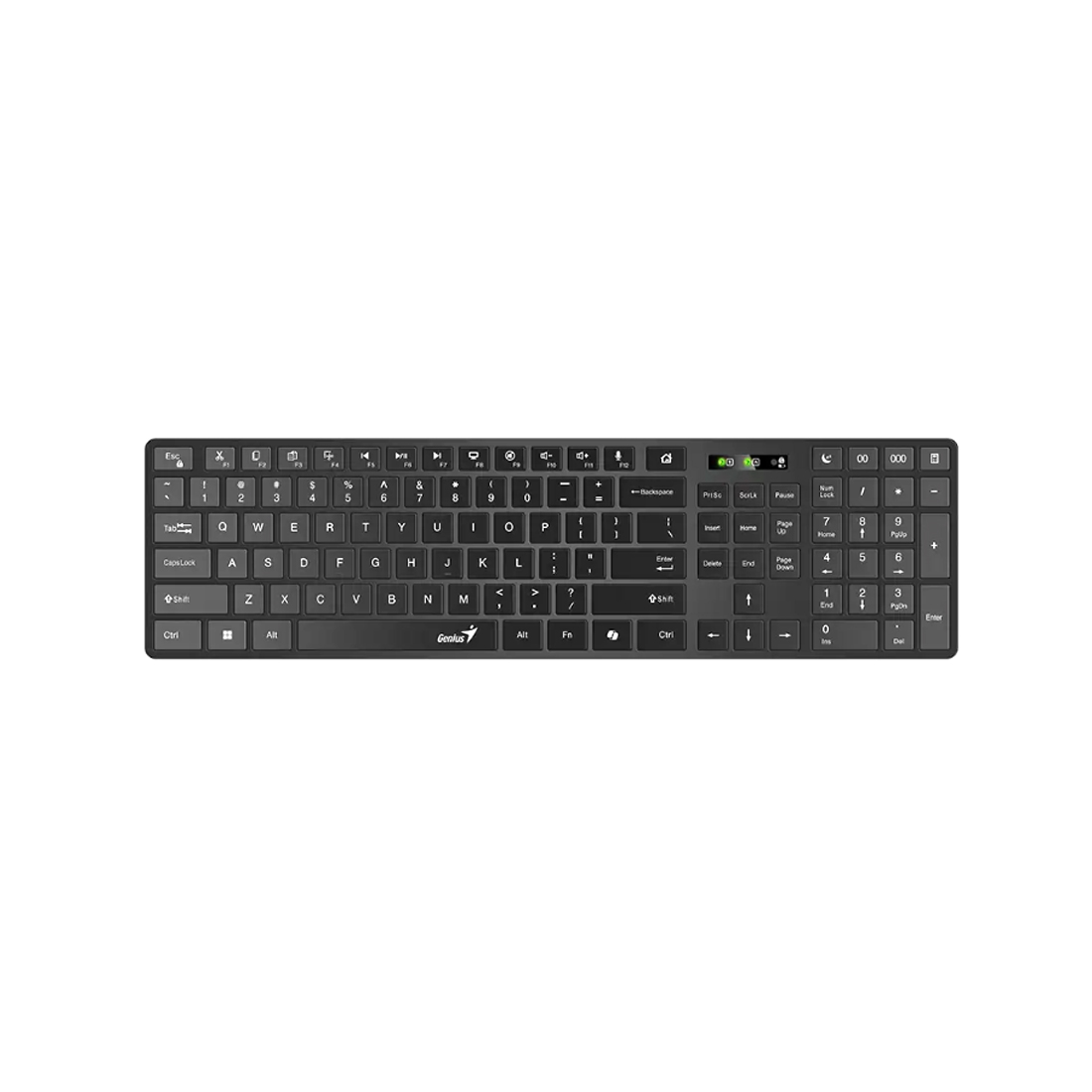 Клавиатура, Genius, Slimstar 7250, Ультратонкая, Беспроводная 2.4ГГц, Кол-во стандартных клавиш 104, Батарейки в комплекте, Размер: 449*161,8*24,9 мм., Анг/Рус, Защита от случайного пролива воды/кофе, Чёрный