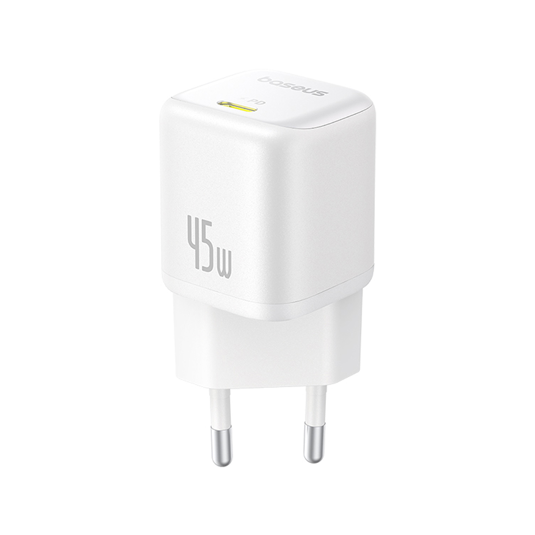 Адаптер питания, Baseus, PicoGo, P10176800213-00, GaN, 45 Вт, 1USB-C, 5В3А / 9В3А / 12В3А / 15В3А / 20В2,25А, PD 3.0, PPS, QC 3.0, FCP, SCP, 100–240В~, 50/60Гц, 1,5А, 333337 мм, 87 г, EU, Moon White, Белый