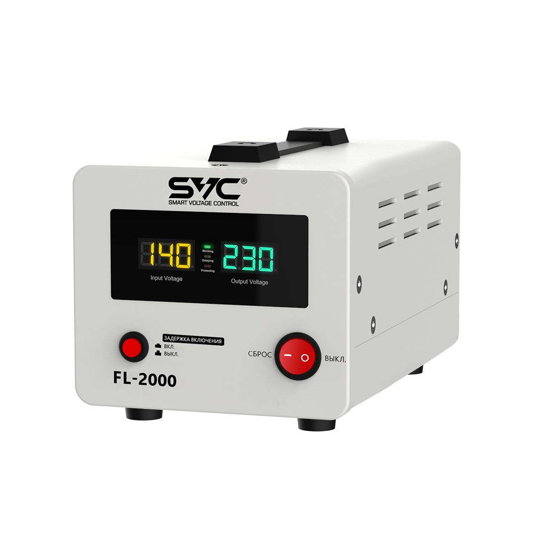 Стабилизатор (AVR), SVC, FL-2000, 2000ВА/2000Вт, Диапазон работы AVR: 140-260В, Выходное напряжение: 220В +/-7%, Задержка включения, выход 2 шт Schuko, LCD-дисплей, Защита: от перегрузки, короткого замыкания, повышенной температуры, Белый