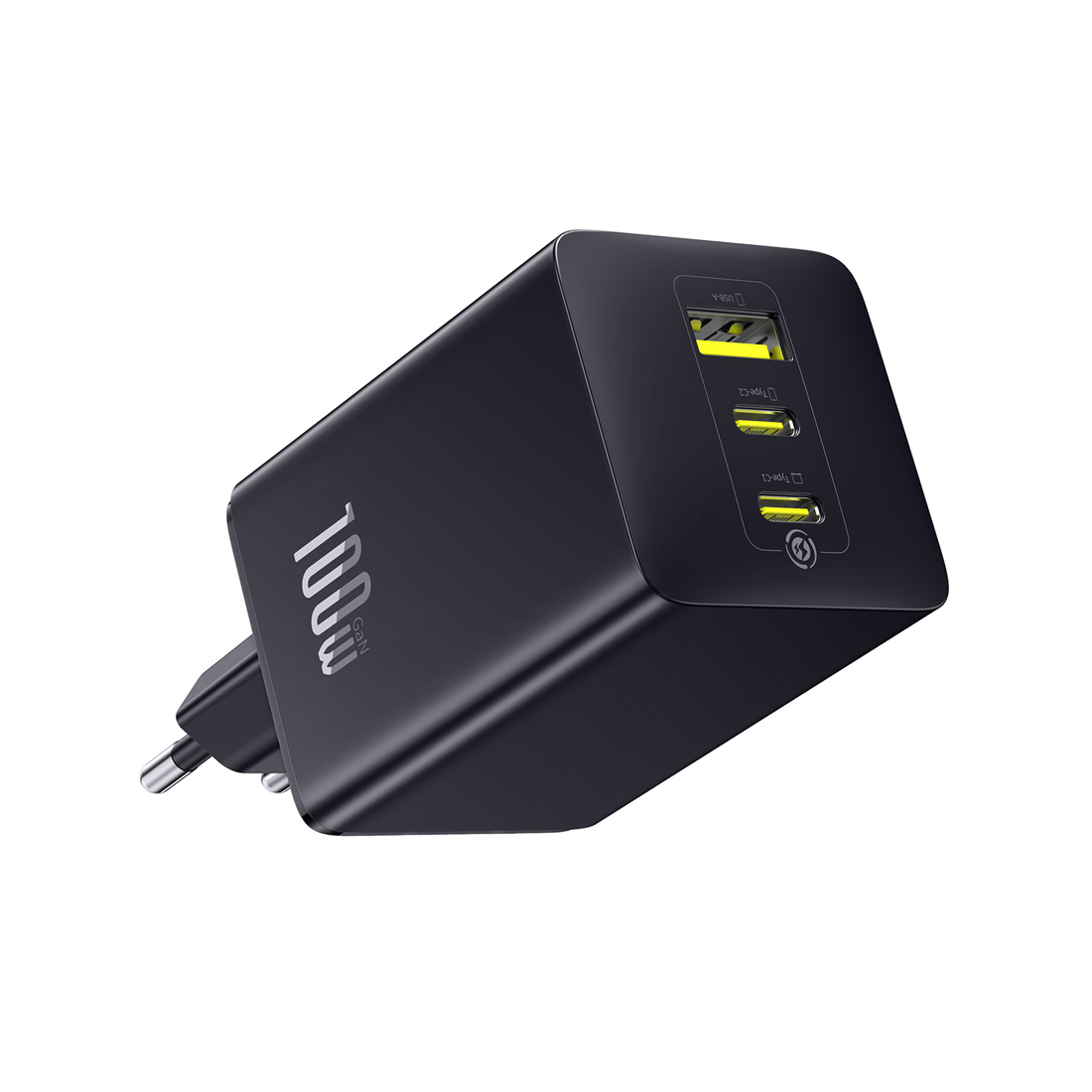 Адаптер питания, Baseus, EnerFill FE11, P10182102123-00, GaN 6, 2C+U, 100 Вт, USB-C1/C2: 5В3А / 9В3А / 12В3А / 15В3А / 20В5А, USB-A: 5В3А / 9В2А / 10В2,25А / 12В1,5А, PD 3.0, PPS, QC 4+, QC 3.0, UFCS, AFC, SCP, FCP, 100–240В~, 50/60Гц, 3А, EU, 434465 мм, 184 г, Без кабеля, Чёрный