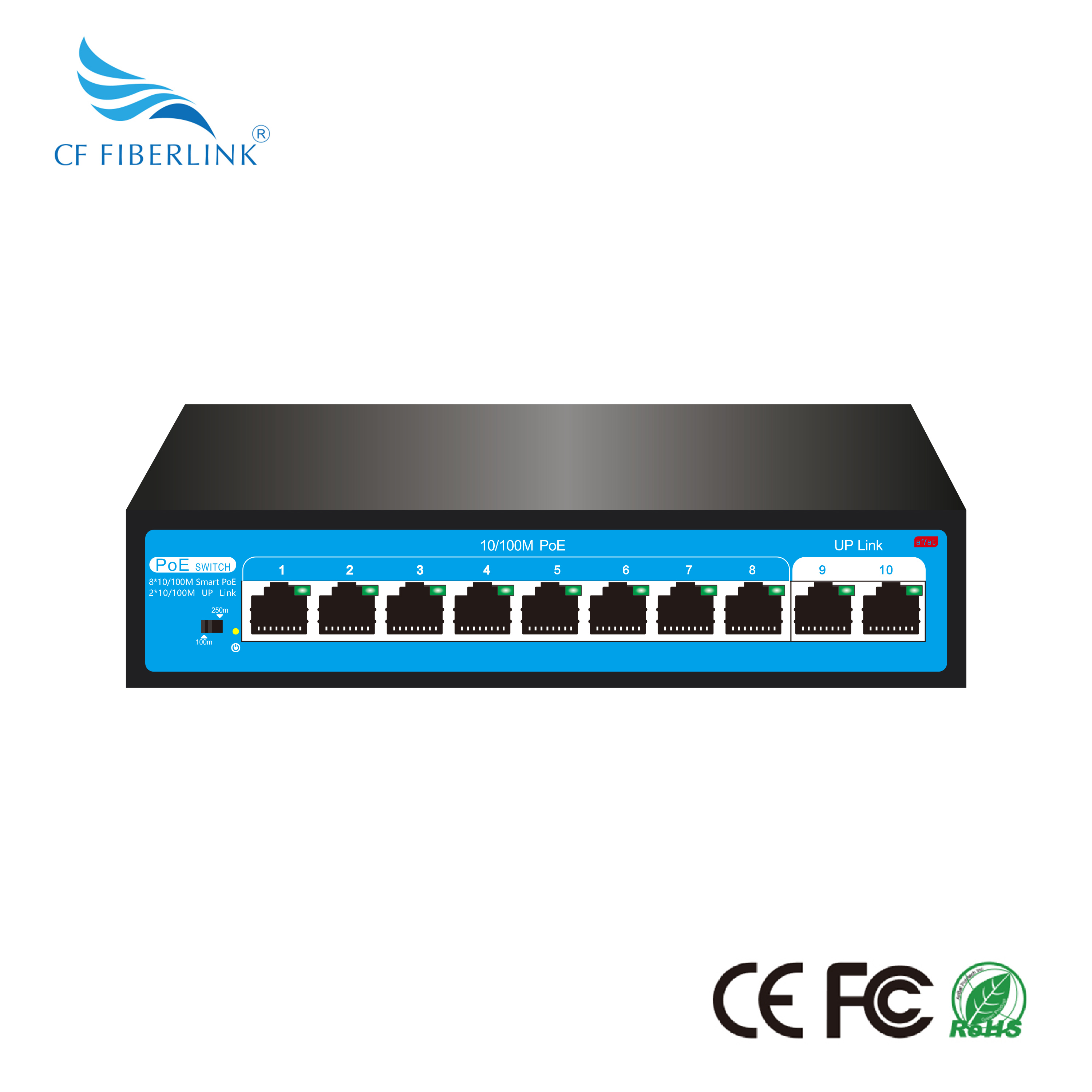 8+2 100M 10 Port PoE Network Switch IP Camera Dedicated IEEE802.3af/at Standard 52V2.3A 120W Single Port Maximum Power 30W