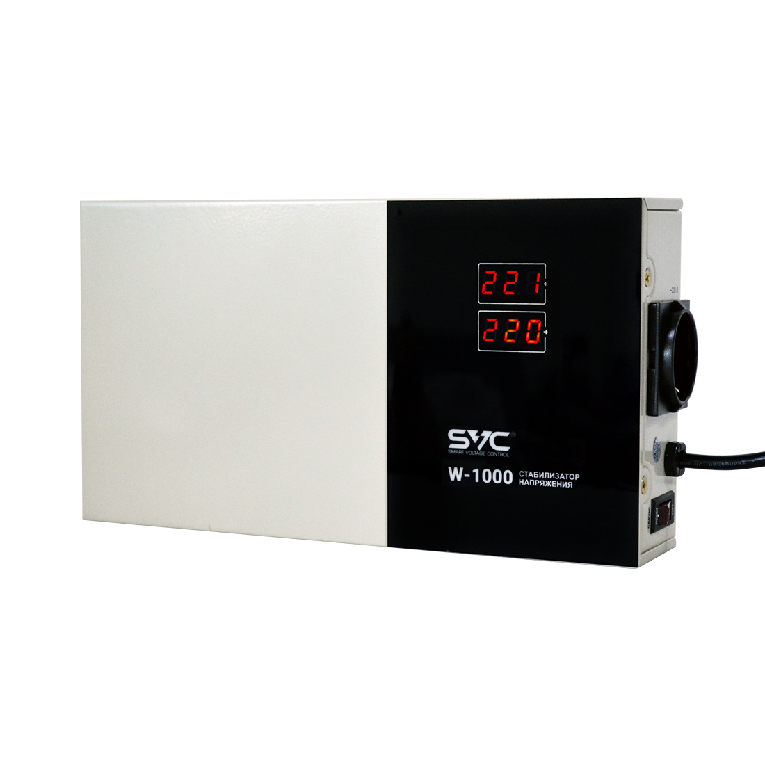 Стабилизатор (AVR), SVC, W-1000, Мощность 1000ВА/1000Вт, LED-дисплей, Диапазон работы AVR: 140-260В, Вых.: 220В+/-7%, 1 х Schuko, Кабель питания: 1,35м, Габариты: 290*160*65, Черно-белый