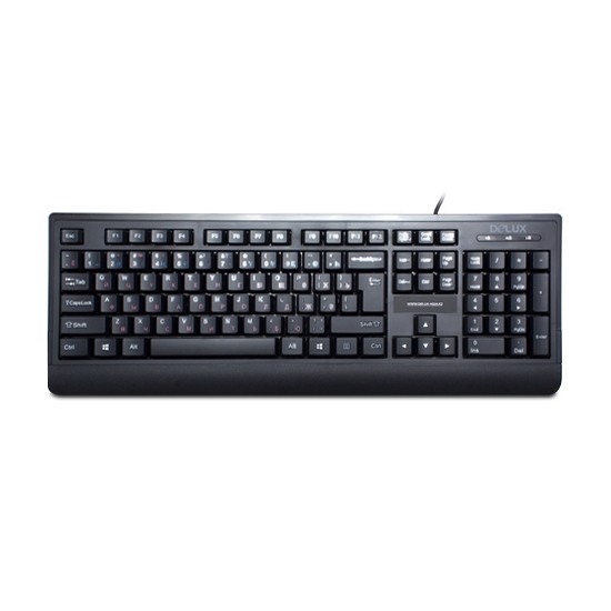 Клавиатура, Delux, DLK-6010UB, USB, Кол-во стандартных клавиш 104, Размер: 449,9*161,84*24,9 мм., Длина кабеля 1,4 метра, Анг/Рус/Каз, Защита от случайного пролива воды/кофе, Чёрный