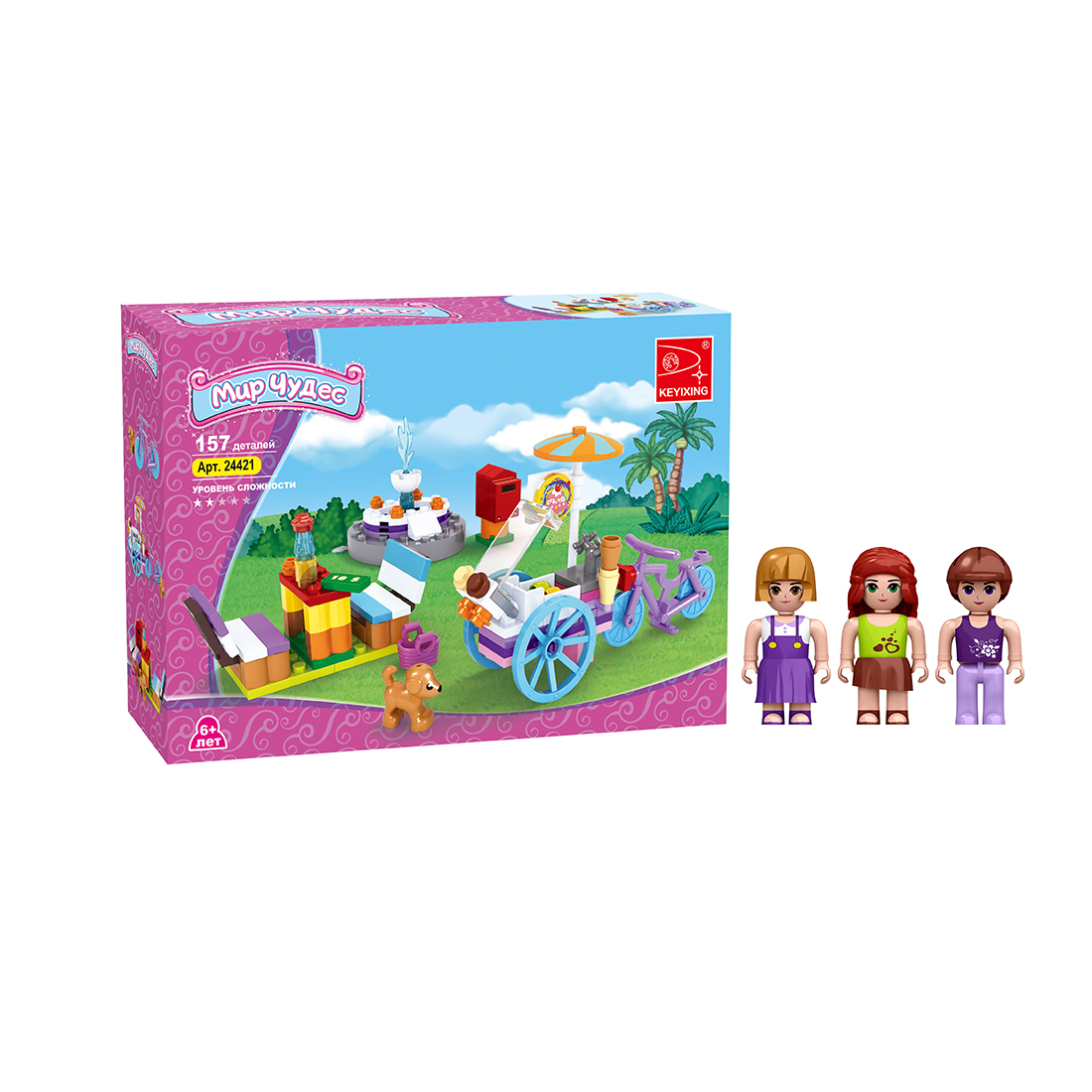 Игровой конструктор, Keyixing, 24421, Мир Чудес, Передвижное кафе-мороженое, 3 минифигурки, 157 деталей, Цветная коробка