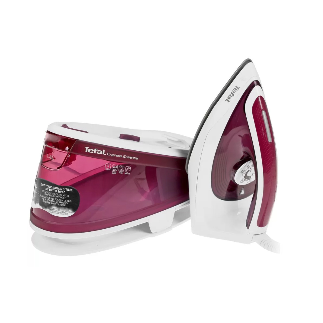 Парогенератор, Tefal, SV6110E0, Мощность 2200 Вт, Давление 5 бар, Время нагрева 120 сек, Паровой удар 260 г/мин, Подача пара 110 г/мин, Белый-бордовый