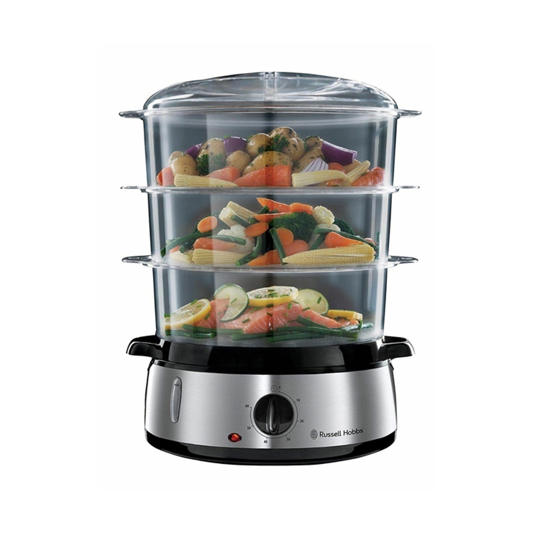 Пароварка, Russell Hobbs, 19270-56, Мощность 800W, Механический тип управления, 3 яруса, Общий объем 9L, Материал корпуса чаши Металл и Пластик, Серебристый
