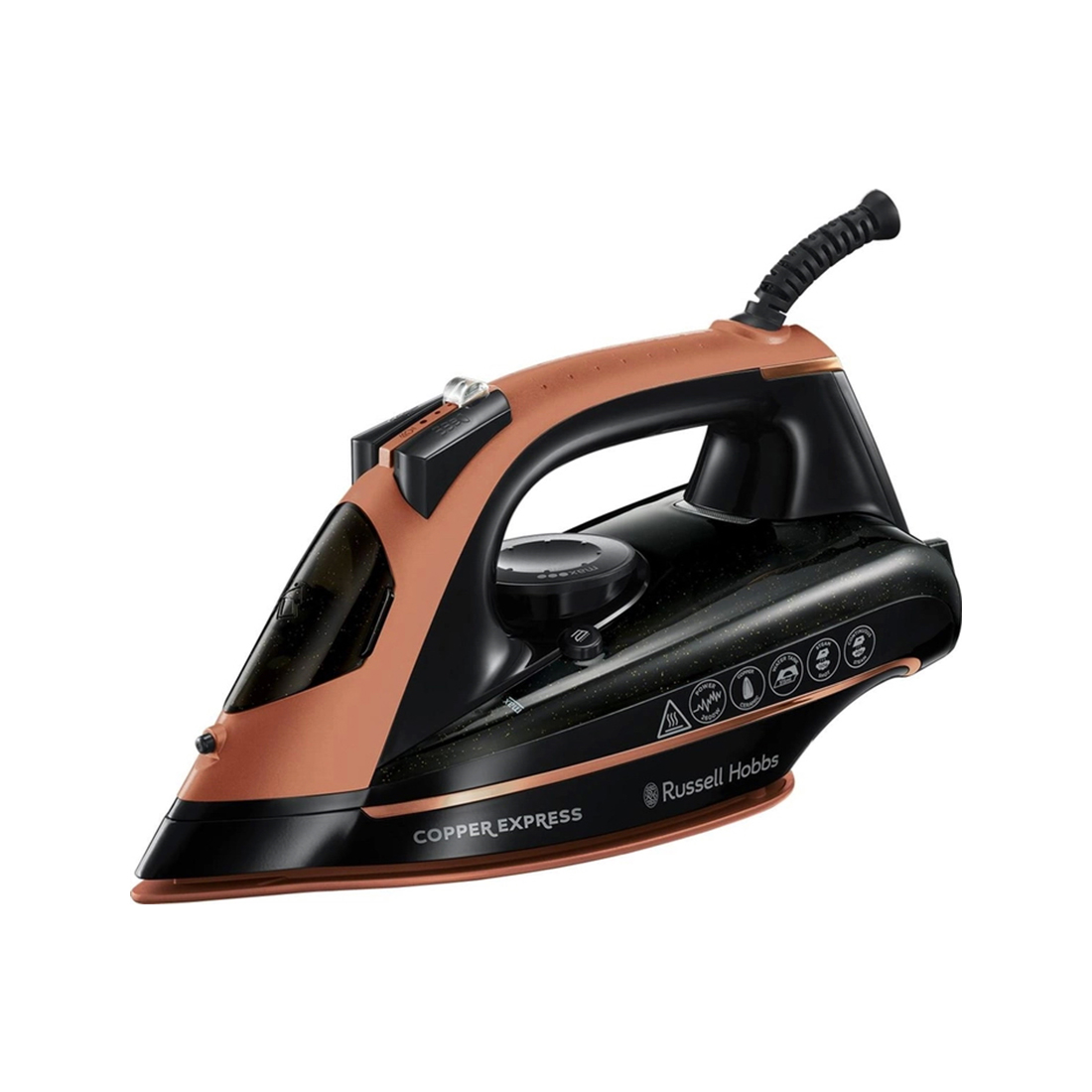 Утюг, Russell Hobbs, 23986-56, Мощность 2600Вт, Керамическая подошва, Паровой удар 145г/мин, Постоянная подача пара 40г/мин, Вертикальное отпаривание, Функция защиты от капель, Функция защиты от накипи, Функция самоочистки, Объем резервуара для воды 315 мл, Длина шнура 2м, Черно-медный