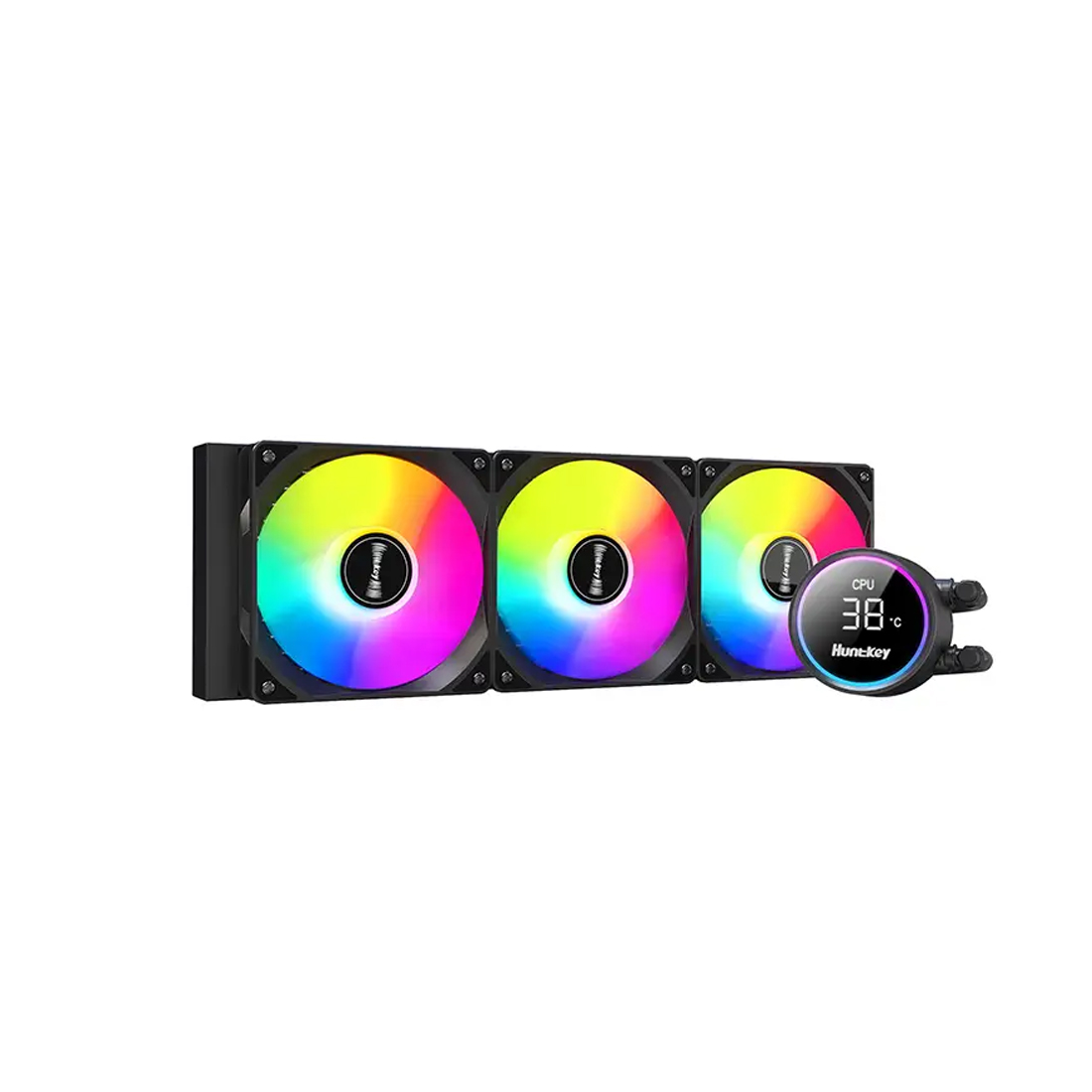 Кулер с водяным охлаждением, Huntkey, GX360R Blaktip Shark, Intel 20хх/1851/1700/1200/115х и AMD AM5/AM4/, TDP 300W, 3*120мм ARGB, 800-1800RPM±10%, 71.5CFM, 31 dB(A), Чёрный