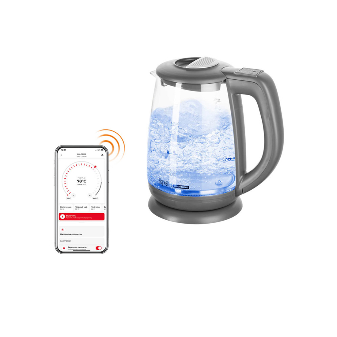 Чайник электрический, Redmond, SkyKettle RK-G214S, Темно-серый, Мощность 2200 Вт, Объем 1,7 л, Управление со смартфона, Регулировка температуры 40, 55, 70, 85, 100°C, Темно-серый