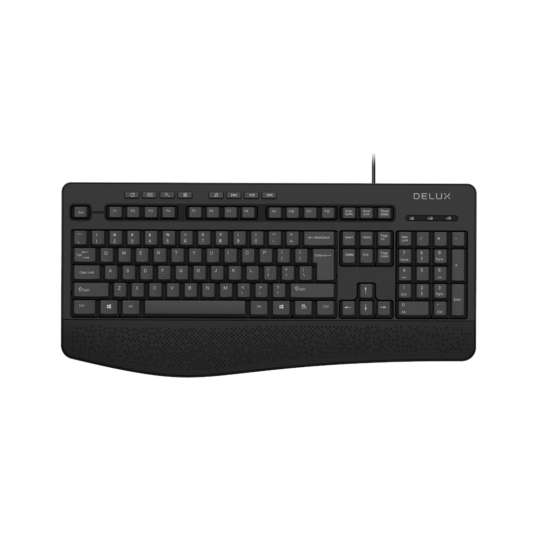 Клавиатура, Delux, DLK-6060UB, USB, Кол-во стандартных клавиш 104, 8 мультимедиа-клавиш, Размер: 446*211*24 мм., Длина кабеля 1,6 метра, Защита от случайного пролива воды/кофе, Чёрный