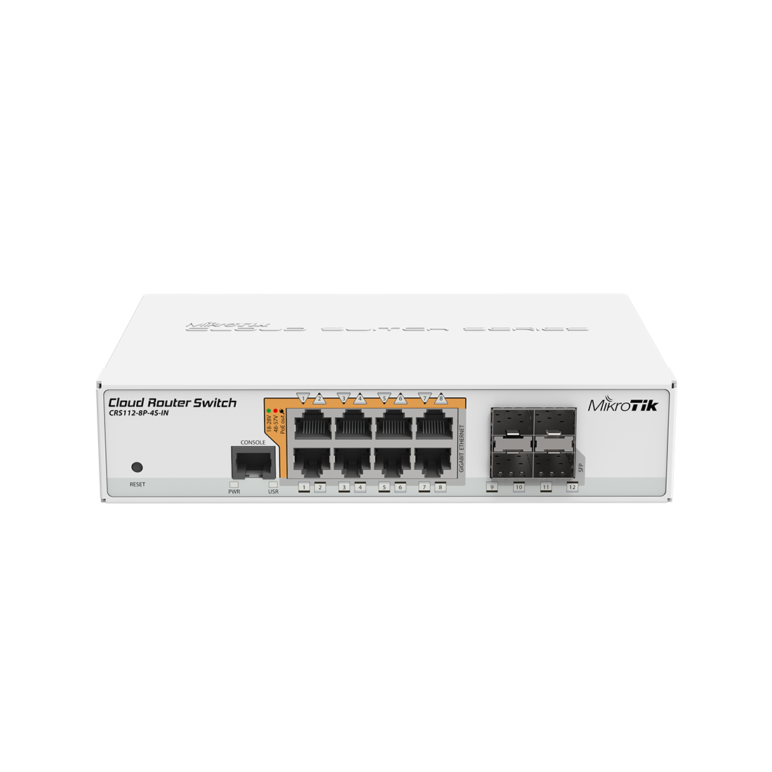 Коммутатор, MikroTik, CRS112-8P-4S-IN, Cloud Router Switch, 8 портов 10/100/1000M, Ether1-Ether8 PoE 802.3af/at, 4 порта SFP, RouterOS (5), -20°C to 60°C, desktop case, настольный/стоечный