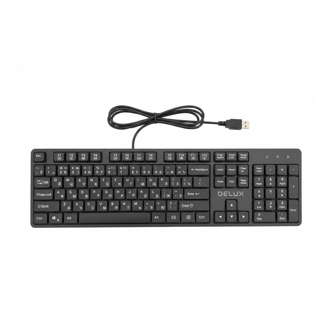 Клавиатура, Delux, SK800U, Ультратонкая, USB, Кол-во стандартных клавиш 104, 18 мультимедиа-клавиш, Размер: 451*188*18 мм., Длина кабеля 1,5 метра, Анг/Рус/Каз, Чёрный