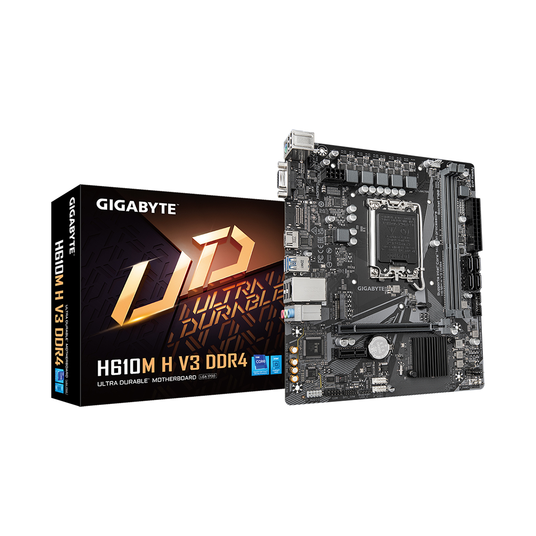 Материнская плата, Gigabyte, H610M H V3 DDR4 (4719331859718), LGA1700, iH610, 2xDDR4 3200/3000/2933/2667/2400 MHz, 4xSATA3, 1xM.2 (PCI-E 3.0x4/x2), 1xD-Sub, 1xHDMI, 1xPCI-Ex16, 1xPCI-Ex1, mATX