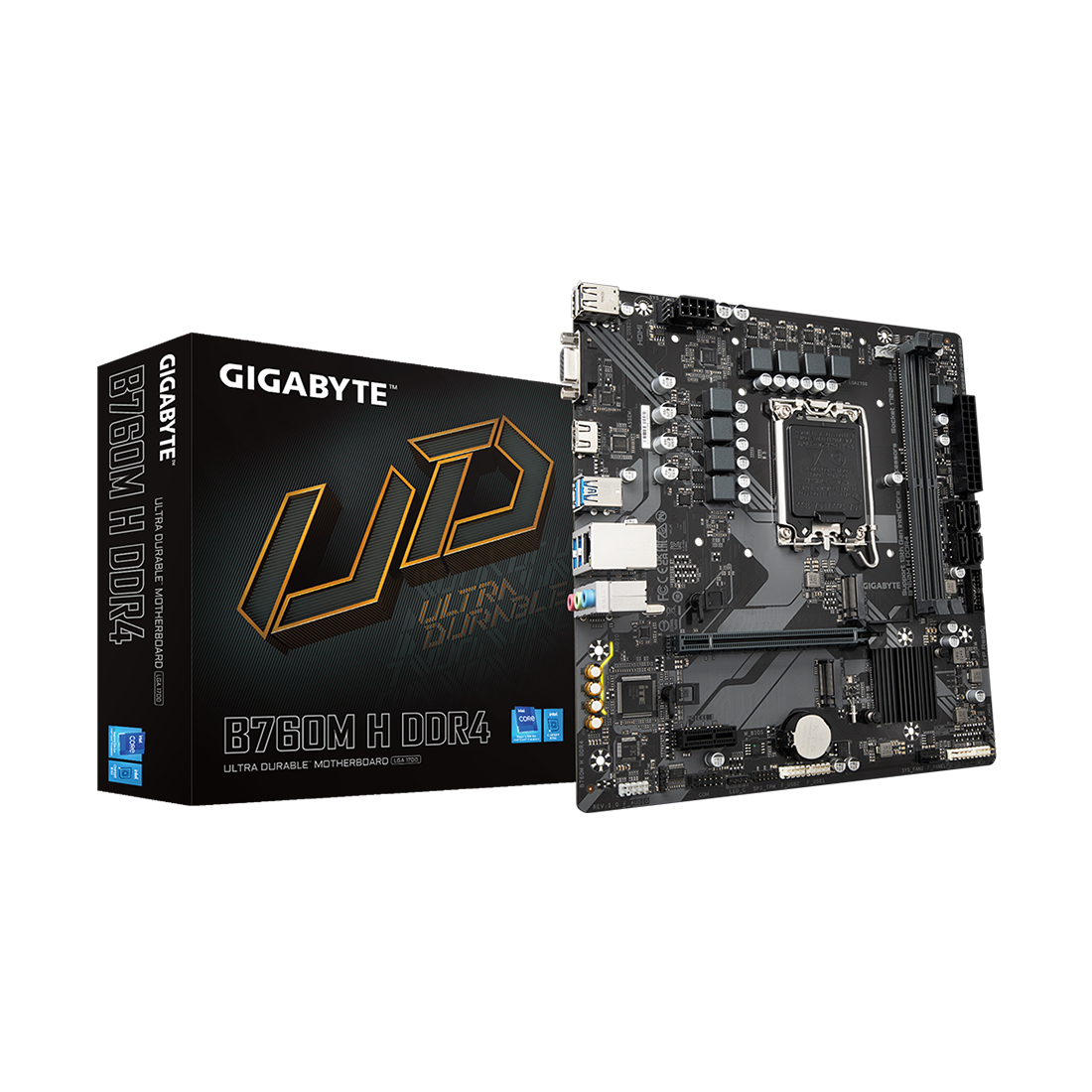 Материнская плата, Gigabyte, B760M H DDR4 (4719331854645), LGA1700, iB760, 2xDDR4 2666/2933/3000/3200, 4xSATA3, 2xM.2 (PCI-E 4.0x4/x2), Raid, 1xD-Sub, 1xHDMI, 1xPCI-Ex16, 1xPCI-Ex1, mATX