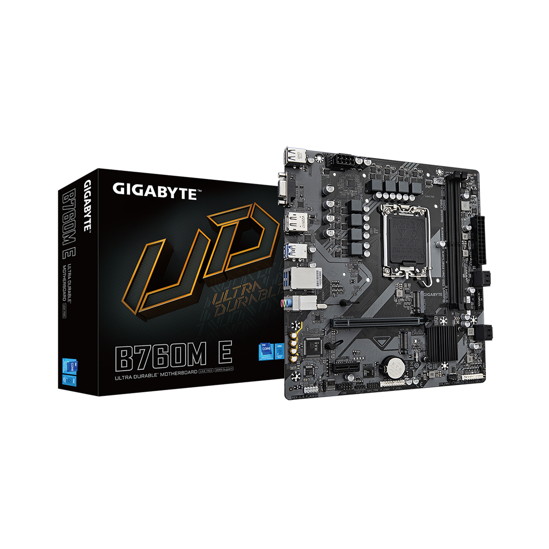 Материнская плата, Gigabyte, B760M E (4719331856052), LGA1700, iB760, 2xDDR5 4000/4800/7200(OC), 4xSATA3, 2xM.2 (PCI-E 4.0x4/x2), Raid, 1xD-Sub, 1хDP, 1xHDMI, 1xPCI-Ex16, 1xPCI-Ex1, mATX