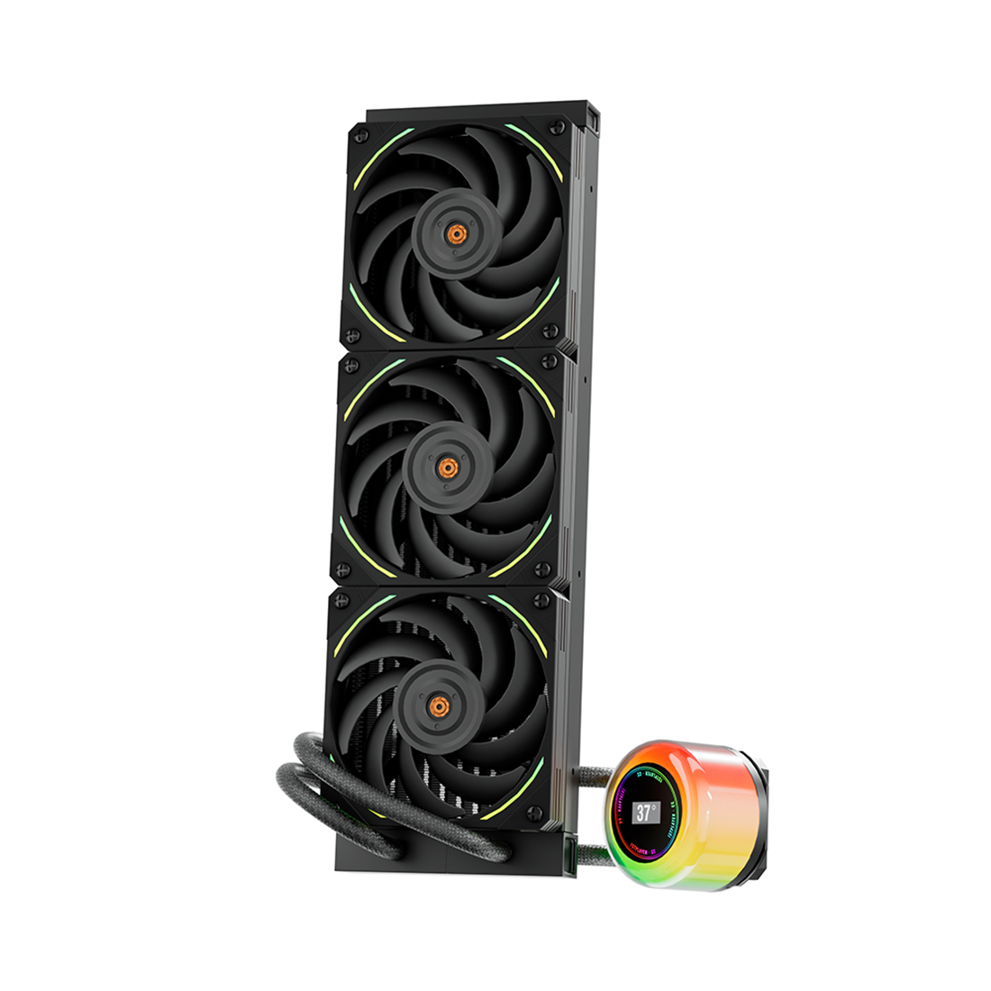 Кулер с водяным охлаждением, 1STPLAYER, CC 360 BLACK, Intel: 115X/1366/2011/1700 и AMD: AM5/AM4/AM3/AM2/FM1/FM2/FM3, TDP 300W, 3*120мм, 800-2000 об/мин, 32.8dB(A), 71.1 CFM, 3-pin ARGB/4-pin ARGB, 27711927 мм, Чёрный