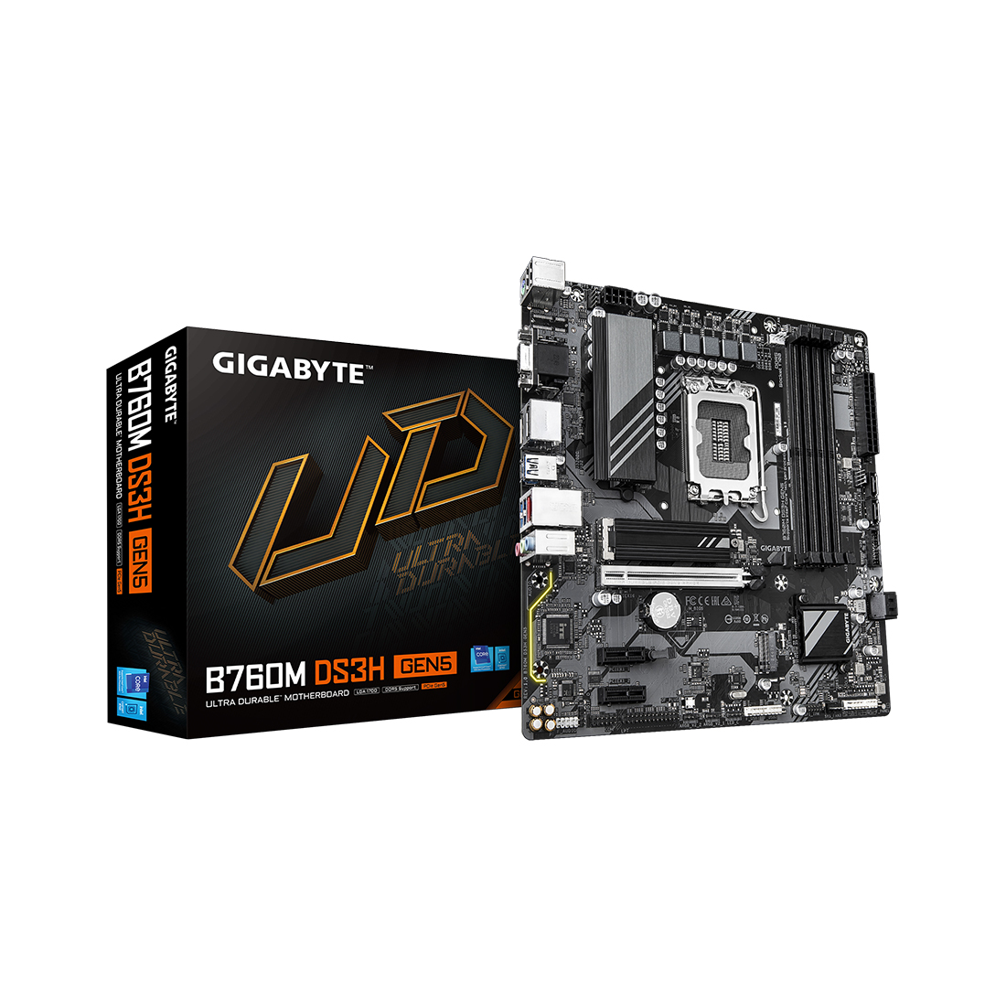 Материнская плата, Gigabyte, B760M DS3H GEN5 (4719331872793), LGA1700, iB760, 4xDDR5 4400/4800/5200/5600, 4xSATA3, 2xM.2 (PCI-E 4.0x4/x2), Raid, 1xD-Sub, 2хDP, 1xHDMI, 3xPCI-Ex16, mATX