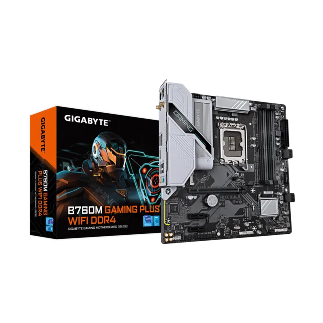 Материнская плата, Gigabyte B760M GAMING PLUS WIFI DDR4 (4719331862855), LGA1700, iB760, 4xDDR4 2133/2400/2666/2933/3200/5333(OC), 4xSATA3, 2xM.2 (PCI-E 4.0x4/x2), Raid, 1хDP, 1xHDMI, 1xPCI-Ex16, 2xPCI-Ex1, WiFi, mATX