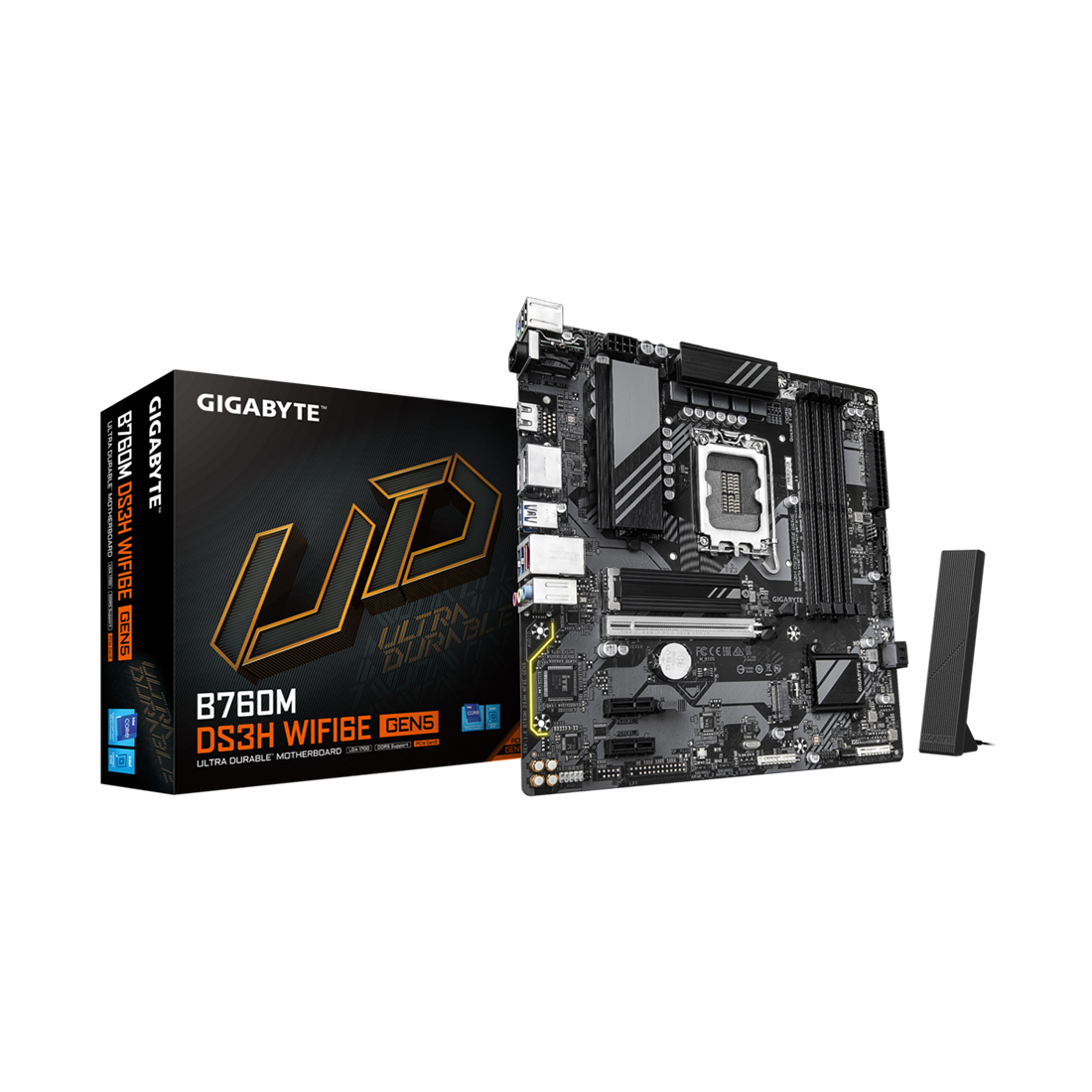 Материнская плата, Gigabyte, B760M DS3H WIFI6E GEN5 (4719331872809), LGA1700, iB760, 4xDDR5 4400/4800/5200/5600/7600(OC), 4xSATA3, 2xM.2 (PCI-E 4.0x4/x2), Raid, 2хDP, 1xHDMI, 3xPCI-Ex16, WiFi, mATX