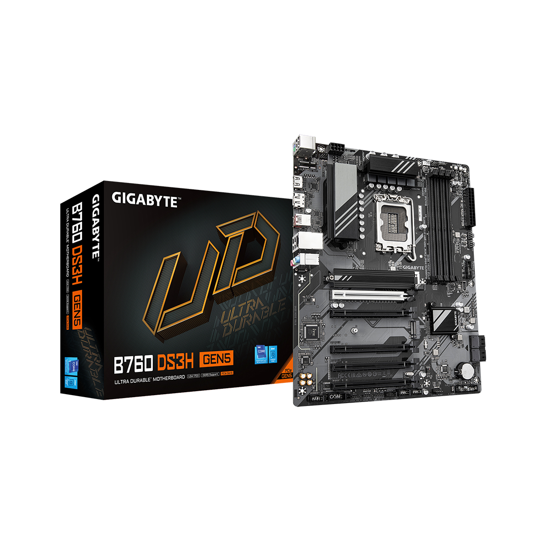 Материнская плата, Gigabyte, B760 DS3H GEN5 (4719331872892), LGA1700, iB760, 4xDDR5 4400/4800/5200/5600, 4xSATA3, 2xM.2 (PCI-E 4.0x4/x2), Raid, 1хDP, 1xHDMI, 5xPCI-Ex16, ATX
