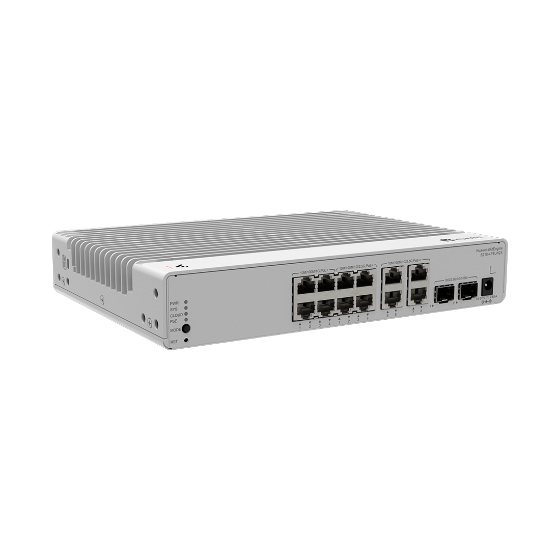 Коммутатор, Huawei, S210-4P8UN2X, Управляемый L2, 4GE RJ45 (PoE+), 82.5GE RJ45 (PoE+/PoE++), 210GE SFP+ uplink, VLAN, PoE 120W, fanless, стоечный 1U