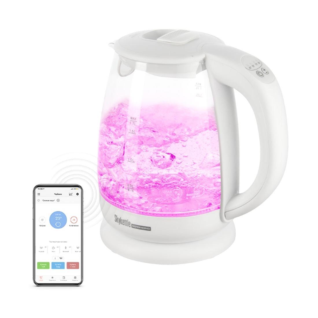 Чайник электрический, Redmond, SkyKettle RK-G211S, 2200 Вт, Объем 1,7 л, Управление со смартфона, Нагрев воды 40/55/70/85/100°C, Контактная группа STRIX, Белый