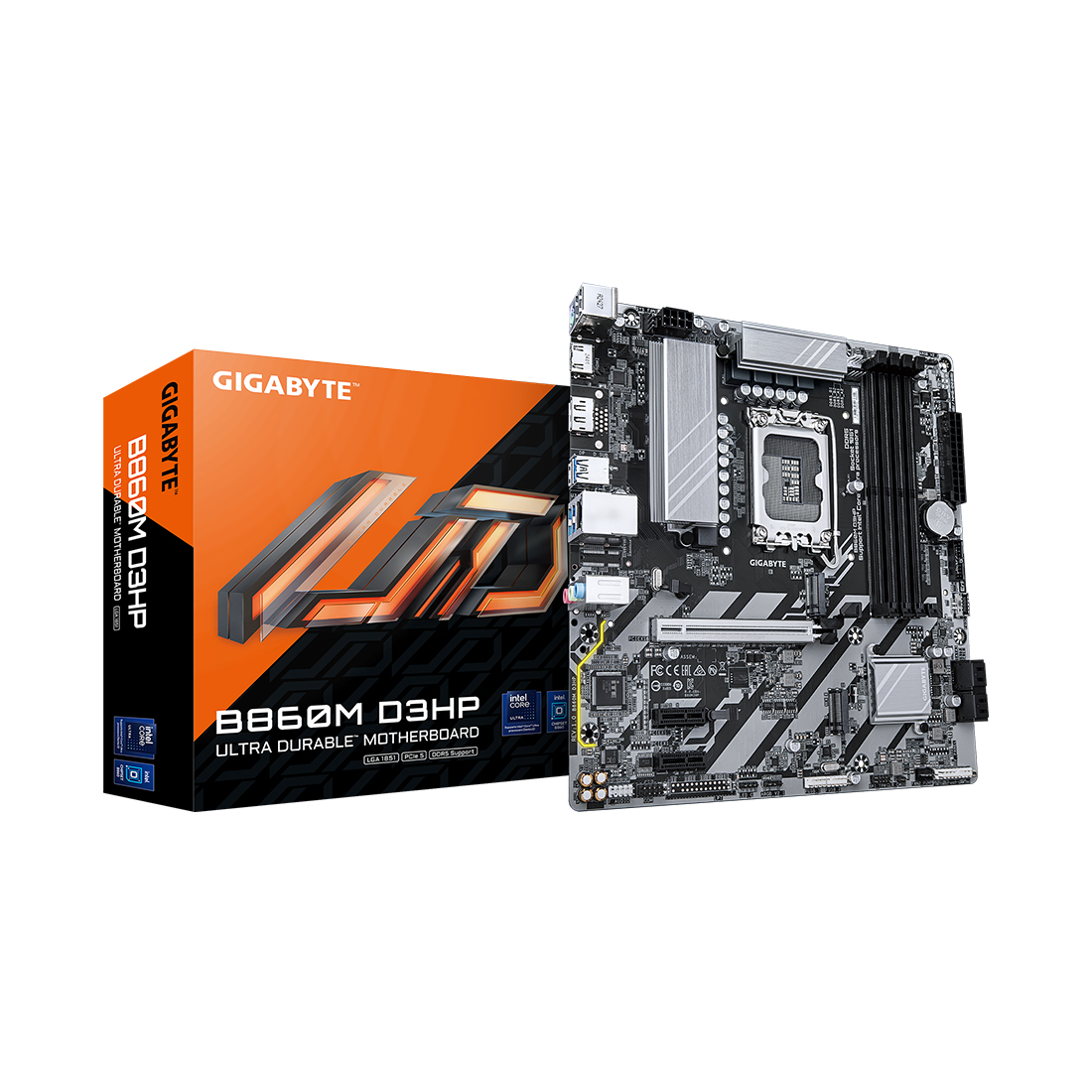 Материнская плата, Gigabyte, B860M D3HP (4719331866860), LGA1851, iB860, 4xDDR5 5600/6400/9066(OC), 4xSATA3, Raid, 2xM.2 (PCI-E 4.0x4/x2), 1хDP, 1xHDMI, 3xPCI-Ex16, mATX