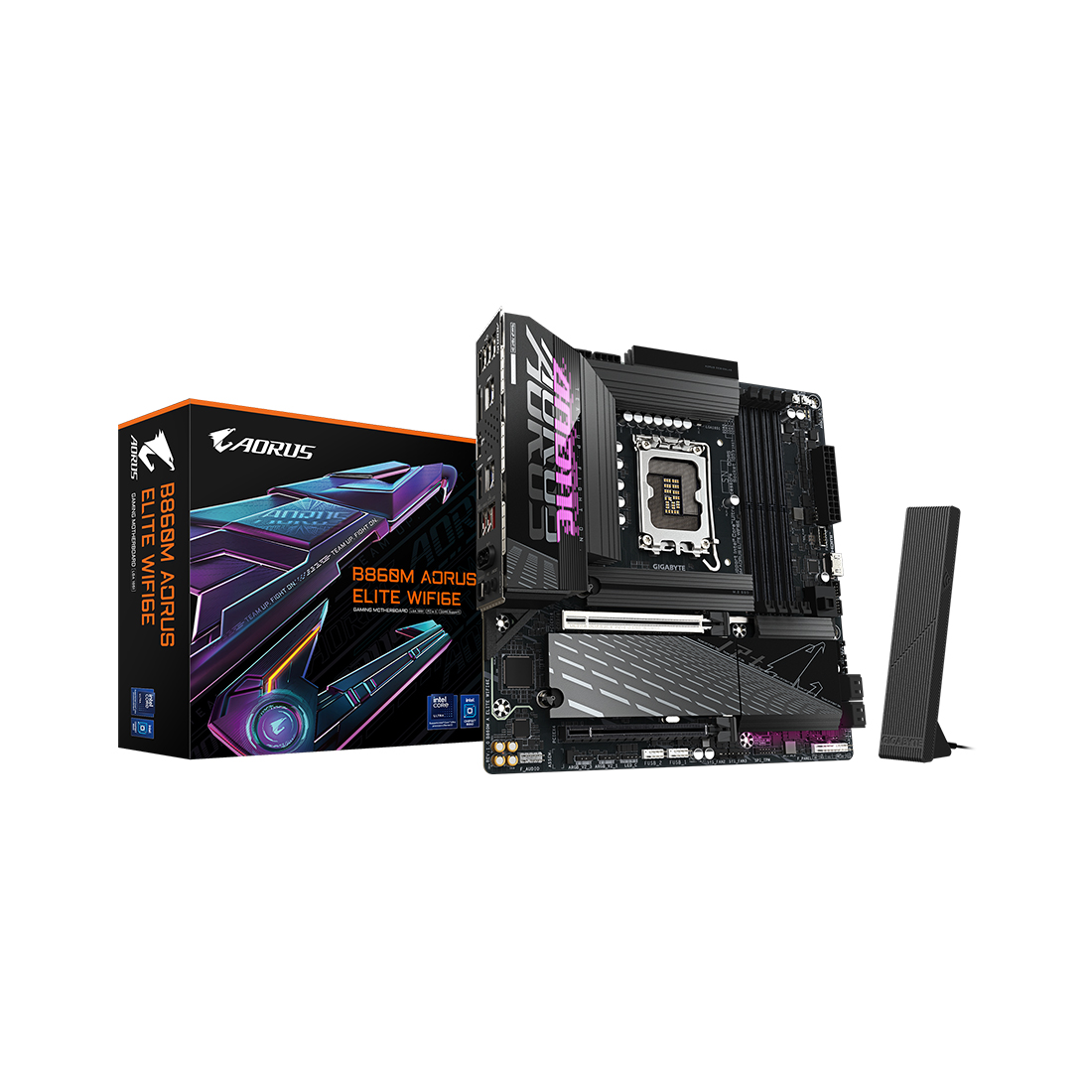 Материнская плата, Gigabyte, B860M AORUS ELITE WIFI6E (4719331866877), LGA1851, iB860, 4xDDR5 5600/6400/9200(OC), 4xSATA3, Raid, 3xM.2 (PCI-E 4.0x4/x2), 1хDP, 1xHDMI, 1xUSB4® USB Type-C® port, 2xPCI-Ex16, WiFi, mATX