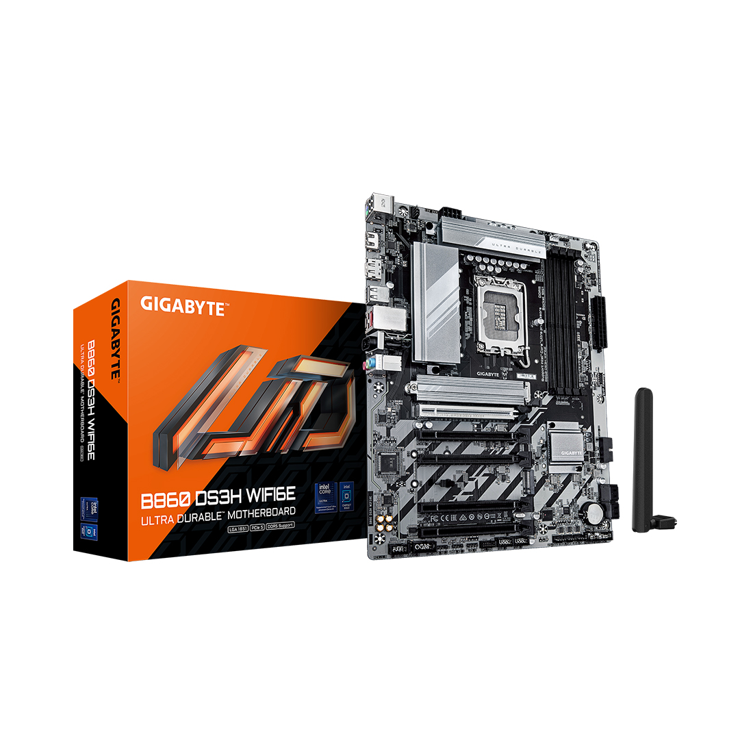 Материнская плата, Gigabyte, B860 DS3H WIFI6E (4719331867515), LGA1851, iB860, 4xDDR5 5600/6400/9066(OC), 4xSATA3, Raid, 2xM.2 (PCI-E 4.0x4/x2), 1хDP, 1xHDMI, 5xPCI-Ex16, WiFi, ATX