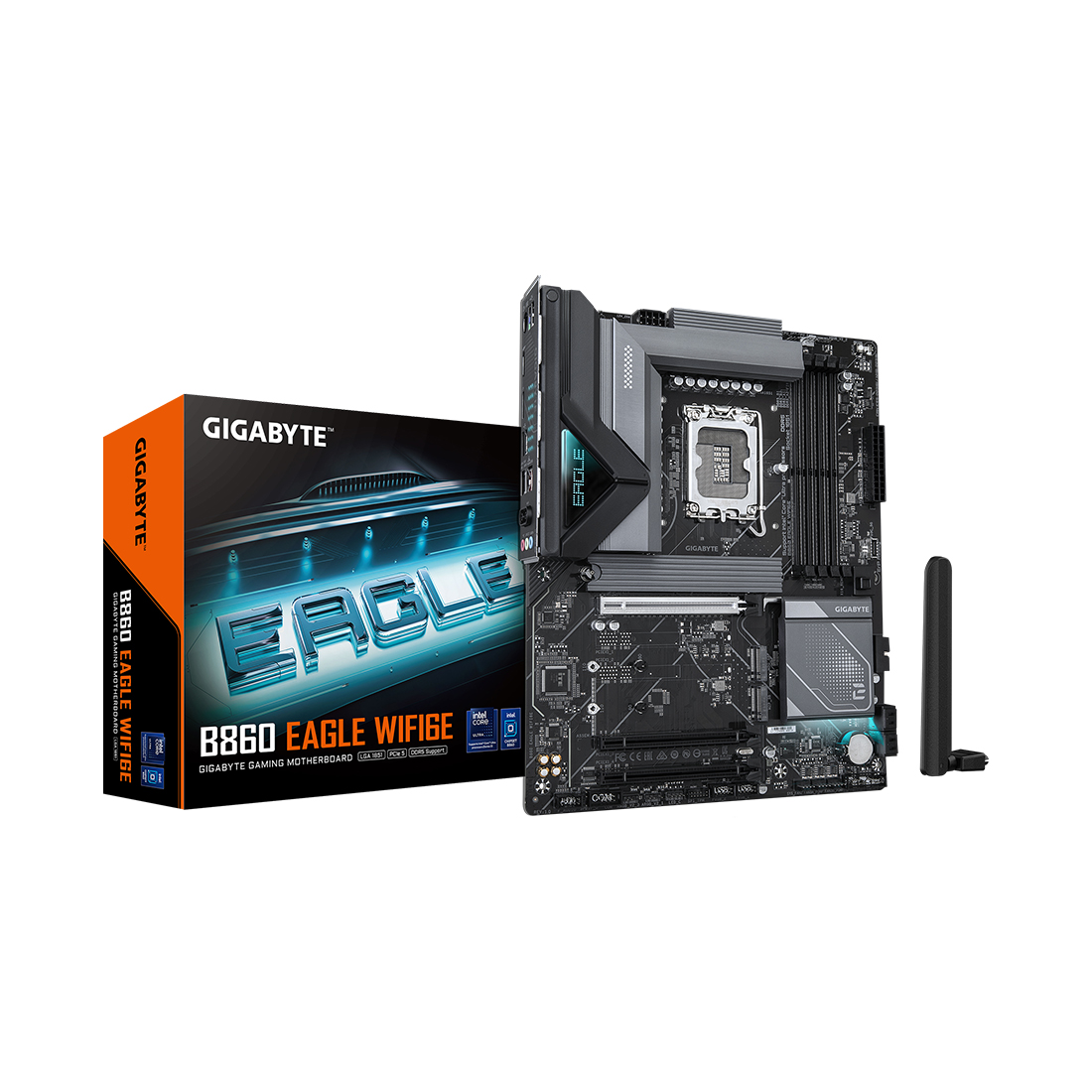 Материнская плата, Gigabyte, B860 EAGLE WIFI6E (4719331866822), LGA1851, iB860, 4xDDR5 5600/6400/9066(OC), 4xSATA3, Raid, 3xM.2 (PCI-E 4.0x4/x2), 1хDP, 1xHDMI, 3xPCI-Ex16, WiFi, ATX