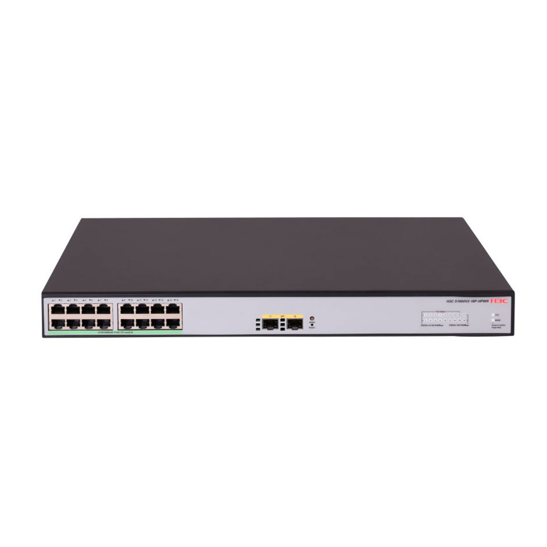 Коммутатор, H3C, LS-1600V2-18P-HPWR-GL, управляемый L2, 16*10/100/1000BASE-T RJ45 PoE+ , 2*1G SFP, 15.4W (802.3af) на 15 портов, 30W (802.3at) на 8 портов, Total PoE 240W