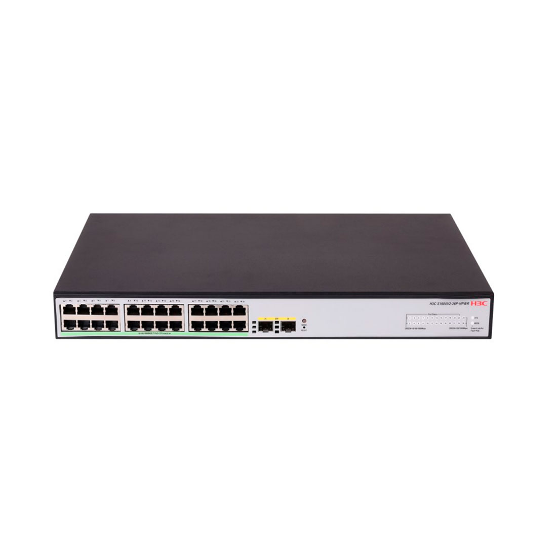 Коммутатор, H3C, LS-1600V2-26P-HPWR-GL, управляемый L2, 24*10/100/1000BASE-T RJ45 PoE+, 2*1G SFP, 15.4W (802.3af) на 24 порта, 30W (802.3at) на 12 портов, Total PoE 370W