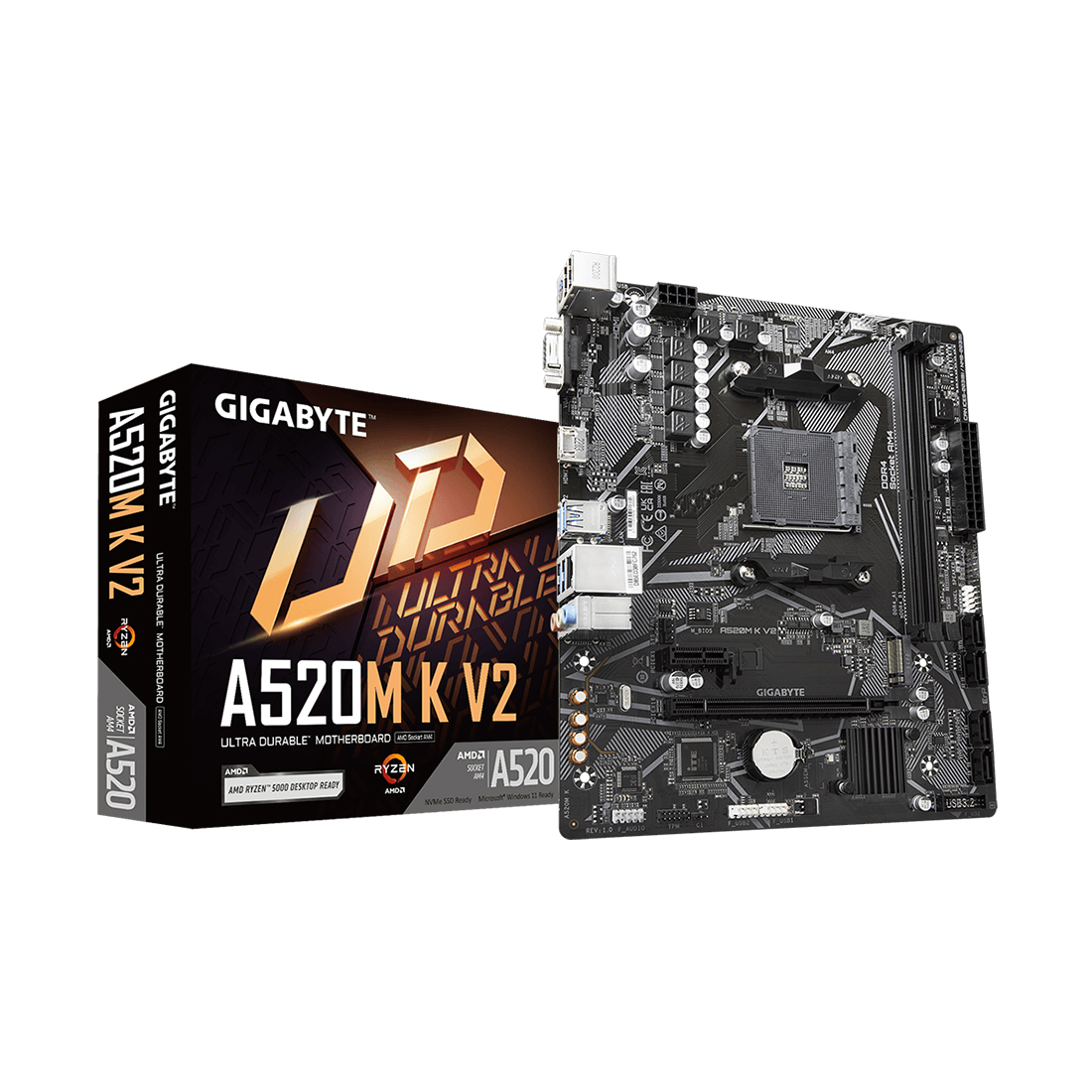 Материнская плата, Gigabyte, A520M K V2 (4719331852771), AM4, А520, 2xDDR4 2133/2400/2667/3200/5100(OC), 4xSATA3, 1xM.2 (PCIe 3.0 x4/x2 and SATA), Raid, 1xD-Sub, 1xHDMI, 1xPCI-Ex16, 1xPCI-Ex1, mATX